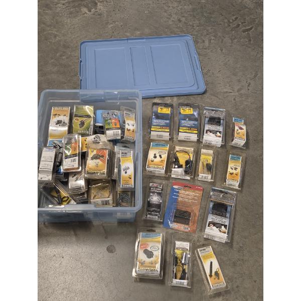 Plastic Storage Tote With Large Assortment Of New Tow Adaptors, Mounting Brackets And More