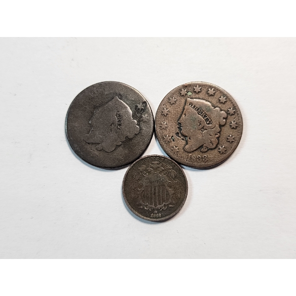 Three Old U.S. Coins: 1968 5 Cent Piece, 1833 Large Cent, & Unknown Year (Possibly 1836) Large Cent