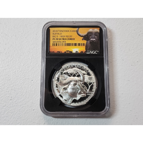 NGC 2018 Tanzania 1000S Buffalo Big 5 - High Relief 1oz Silver Coin PF 70 ULTRA CAMEO 
