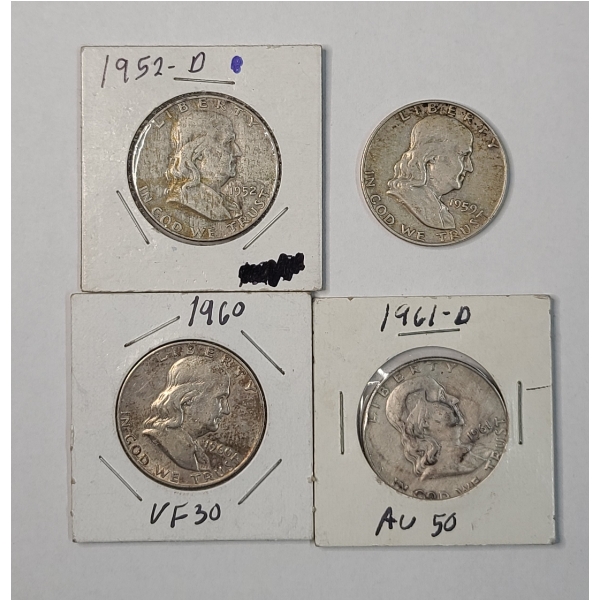 United States 90% Silver Franklin Half Dollars - 1952-D, 1959, 1960-D, 1961-D - Face Value: $2.00