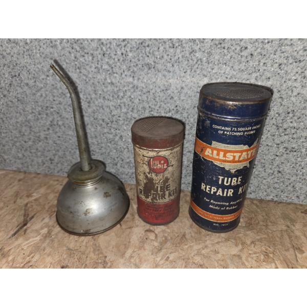 Two Neat Vintage Tube Repair Tins With Some Contents & Small Thumb Pump Oil Can
