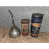 Image 1 : Two Neat Vintage Tube Repair Tins With Some Contents & Small Thumb Pump Oil Can
