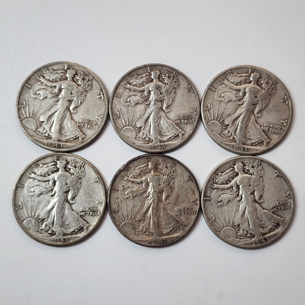 Six Assorted Years United States 90% Silver Walking Liberty Half Dollars - Face Value: $3.00