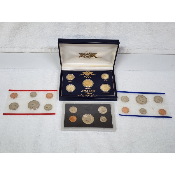 Three Assorted United States Coin Sets Feat. 1999 Gold Plated Set, 1993 Unc. Set & 1972 Proof Set