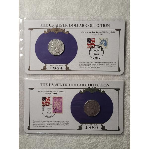 Two U.S. Silver Morgan Dollars in Display Cards & Protective Binder Page - 1884 & 1889