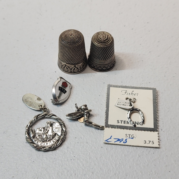 Lot of Sterling Silver Vintage Items: Thimbles, Pins, Tinker Bell & Horseshoe Pendant - TW: 19.5g