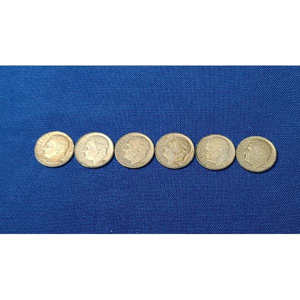 (6) 1940's & 1950's 90% Silver Roosevelt Dimes