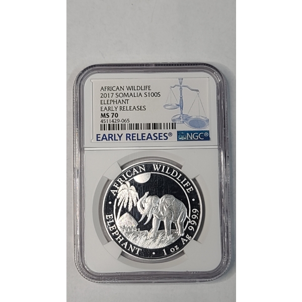 NGC 2017 African Wildlife Somalia 100 Shillings Elephant Early Releases MS 70 1 Oz .9999 Silver Coin