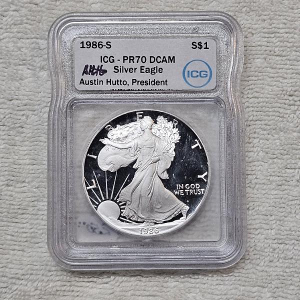 Austin Hutto Signed 1986-S Proof American Silver Eagle Graded PR70 DCAM by the ICG