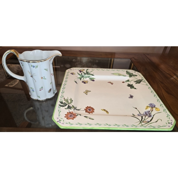 16.5" Square Butterfly Platter with Butterfly, Bee & Dragonfly Pitcher 7"