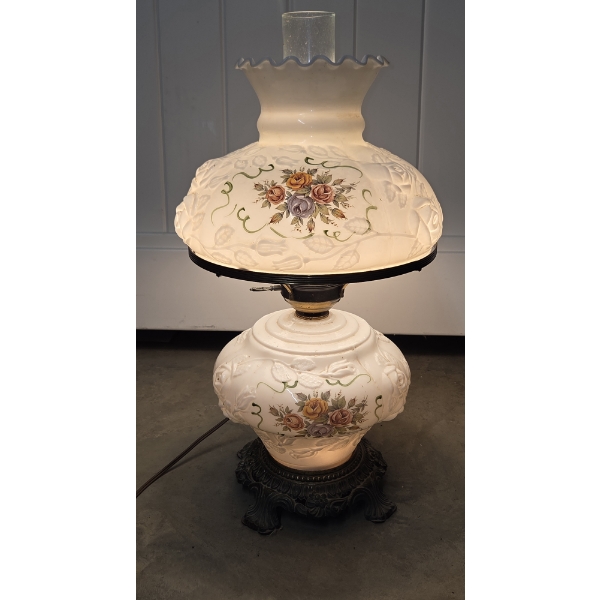 Absolutely Gorgeous Accurate Casting Milk Glass Hand Painted Shades Hurricane Lamp, 21''x11'' Top & 