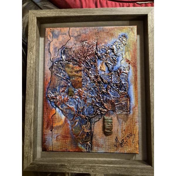 Mixed Media Shadow Box Framed  9 x 12 Metal & Gouache Painting by J Martino - Commanding Design