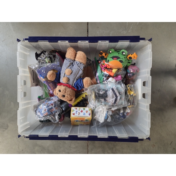 12 Gallon Plastic Tote Filled With Toys, Including Flash Cards, Power Rangers