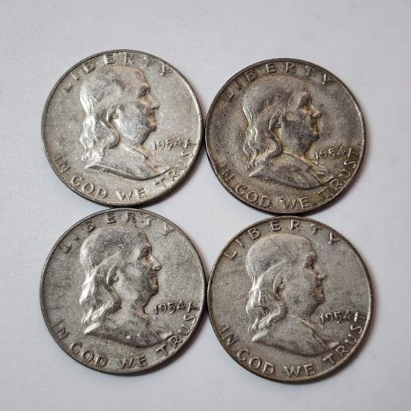 Four 1954-D United States 90% Silver Franklin Half Dollars - FV: $2.00
