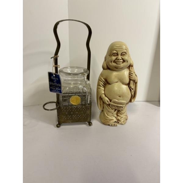 Ceramic Laughing Buddha Statue - Antique cut-glass pickle castor jar with a silver-plated stand