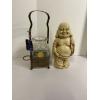 Image 1 : Ceramic Laughing Buddha Statue - Antique cut-glass pickle castor jar with a silver-plated stand