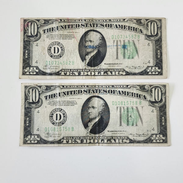 Two United States Series 1934 A Green Seal $10 Federal Reserve Notes - Face Value: $20.00