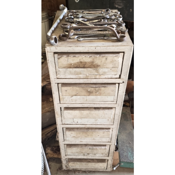 6 Drawer Wooden Cabinet with Assorted Wrenches of Various Sizes
