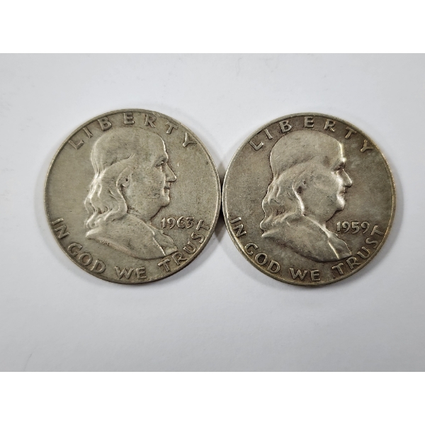 Two 90% Silver United States Franklin Half Dollars ~ 1959-D & 1963-D ~ $1.00 Face Value