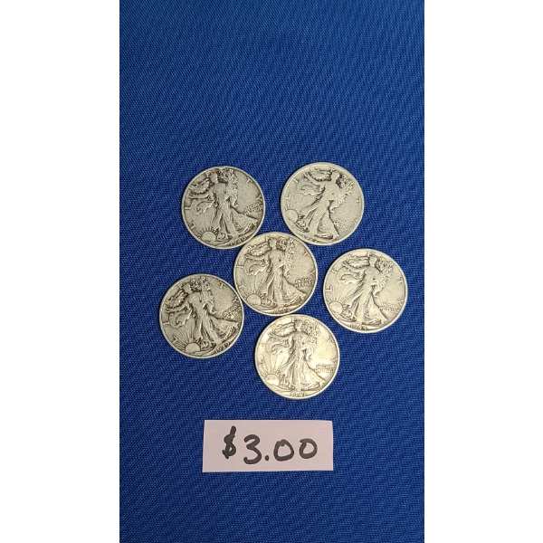 Assorted Years Walking Liberty Half Dollars - Face Value: $3.00