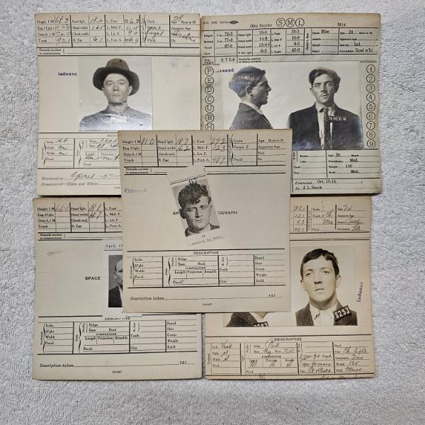INTERESTING!!! Collection of 5 Antique MUGSHOT Bertillon Criminal Booking Sheets