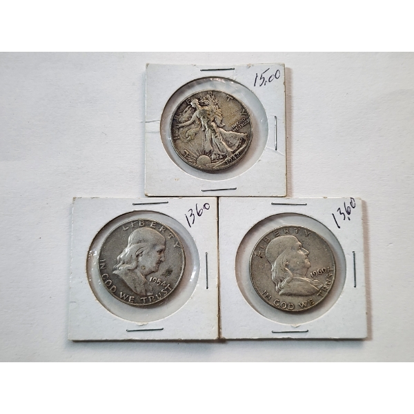 Three 90% Silver U.S. Half Dollars: 1942 Walking Liberty, 1954-D & 1960-D Franklin FV: $1.50