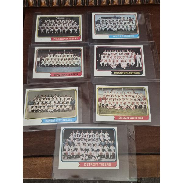 MINT 1974 TOPPS BASEBALL CARDS - 7 ASSORTED SLEEVED TEAM CARDS IN NEVER TOUCHED CONDITION