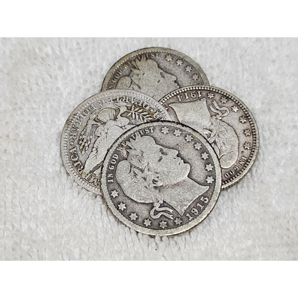 Four Assorted United States 90% Silver Barber Quarters ~ $1.00 Face Value!