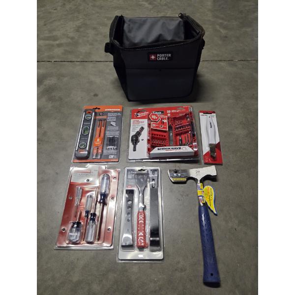 Porter Cable Bag, New Shinglers Hammer, Milwaukee 33 Piece Impact Bit Set, Levels, Pry Bars & More!