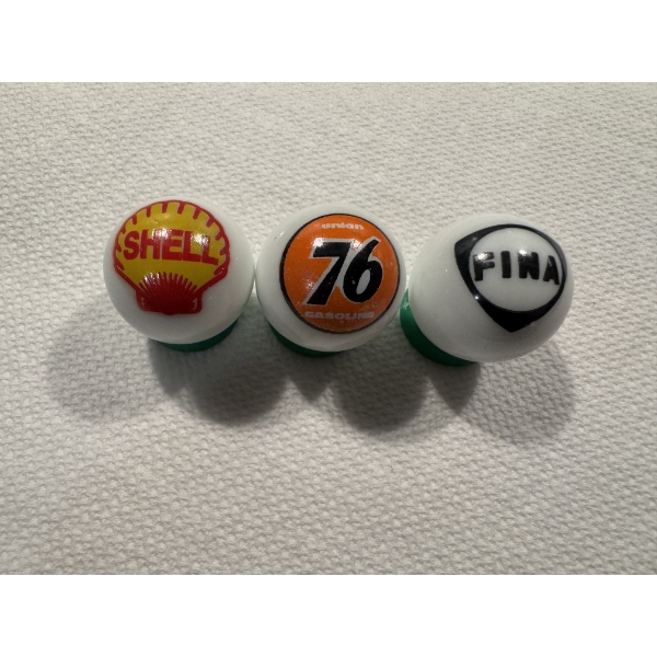 3 - Vintage Gas & Oil Advertising One Inch Shooter Marbles - Shell, Union 76 & Fina - Mint Condition