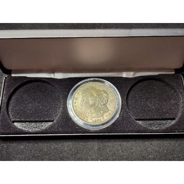 1921-D Silver Morgan Dollar in Capsule & Nice Black Display Box That Holds Up To Three