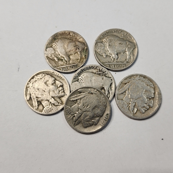 Six Assorted Years United States Buffalo Nickels