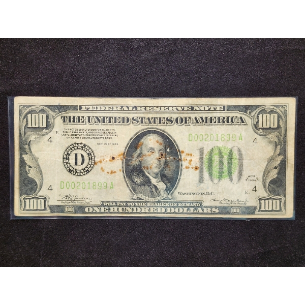 Unique 1934 $100 Bank of Cleveland Federal Reserve Note - Beautiful Depiction on Back