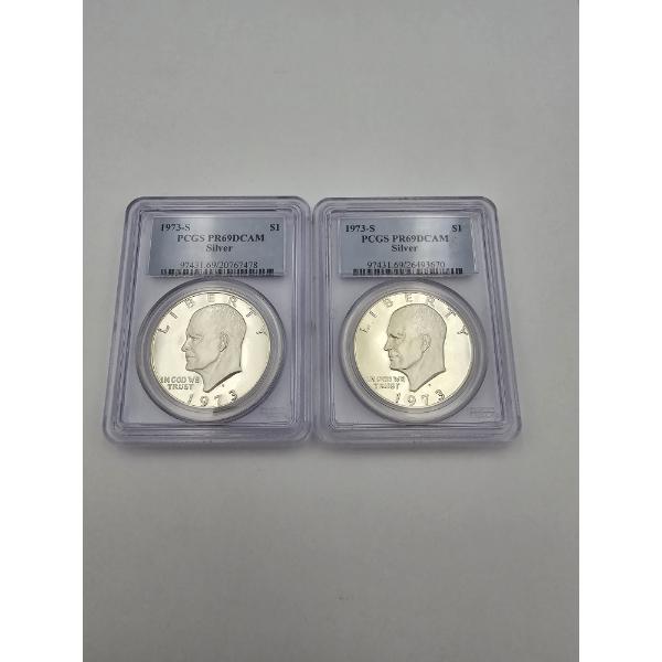 Lot of (2) PCGS 1973-S PR69DCAM Silver Eisenhower Dollar