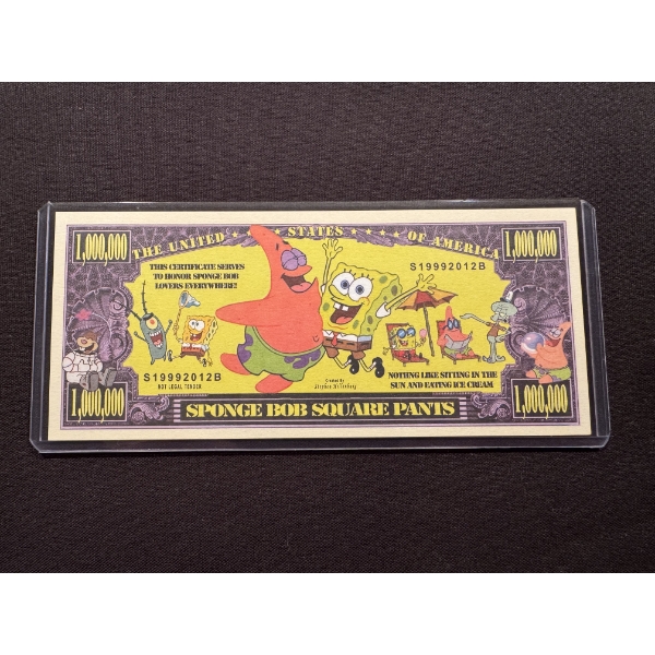 Sponge Bob Square Pants One Million Dollar Bill In Protective Holder - Mint Condition 