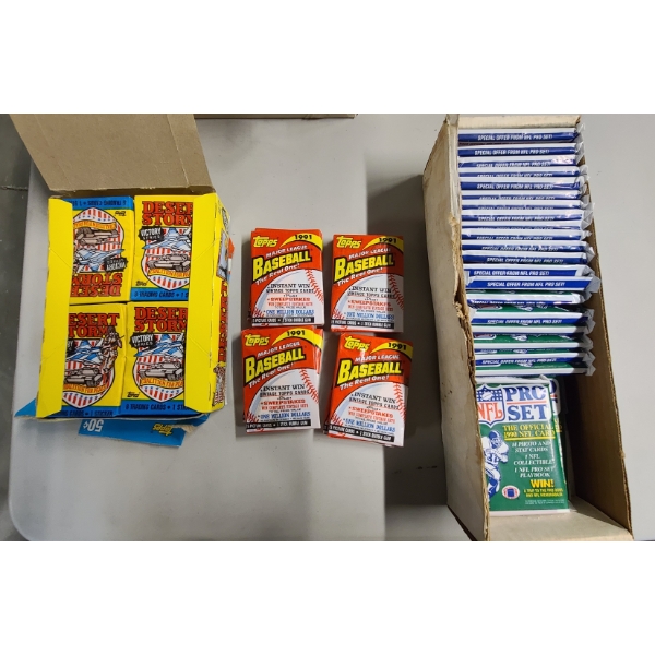 Assorted Sealed '90' NFL Pro Set Card Packs, Sealed '91 Topps Baseball Packs & Desert Storm Cards