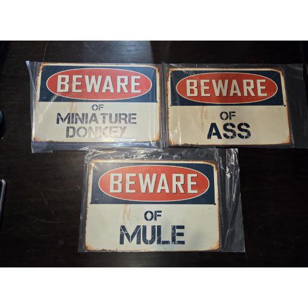 Three Brand New 12''x8'' Tin Decorative Donkey Signs