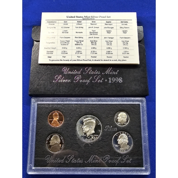 1998- S United States Mint Silver Proof Set - 5 Coin Set with Display Case