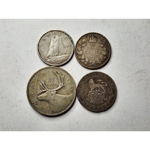 Four Assorted Silver World Coins Featuring Three Canadian & One Great Britain Coin! ASW FOUND BELOW!