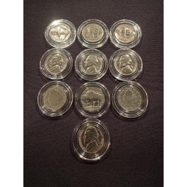 10 - Old United States Nickels - Buffalo Indian, V & Jefferson - Vintage Coins In Protective Holders