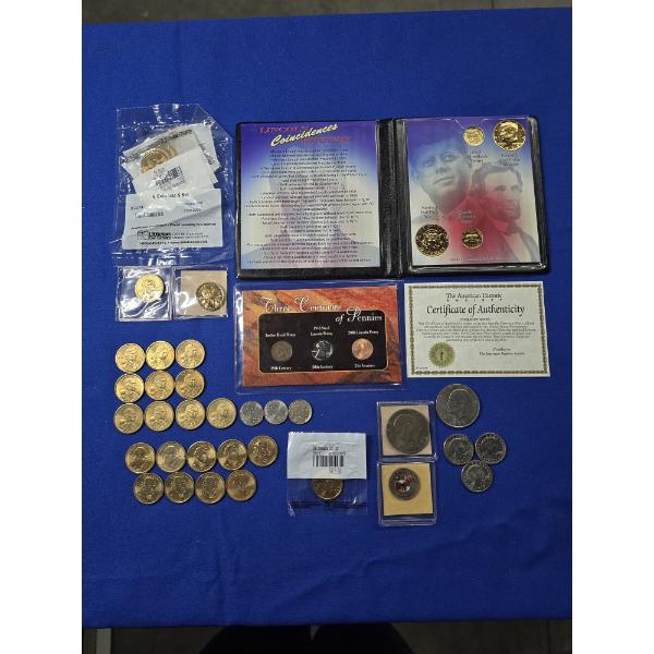 Lot of Assorted Coins: Lincoln/Kennedy Coincidences, Three Centuries of Pennies, $1 Coins FV: $32.20