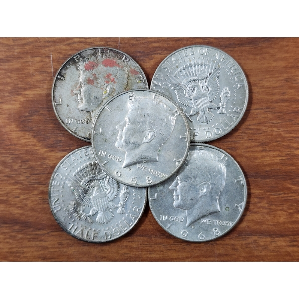 Five Assorted 40% Silver Kennedy Half Dollars