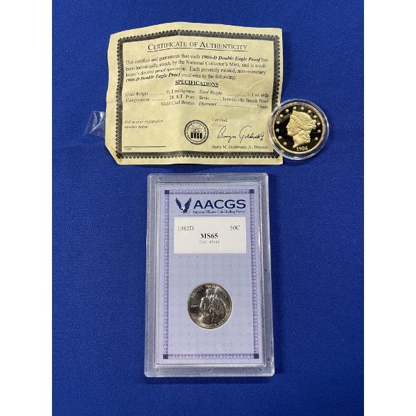 1906-D Double Eagle Proof Gold Clad AGW: .0311g & 1982-D George Washington Half Dollar 90% Silver