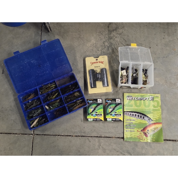 New Outside Edge Binoculars, 2 Sppols Of Line, Lures & Soft Baits 