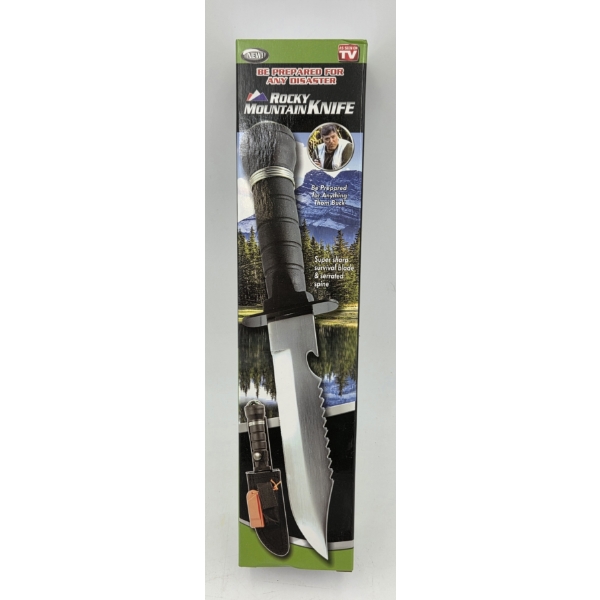 Brand New Large Rocky Mountain Survival Knife With Compass. Matches, Sewing Needles, Fishing Hooks