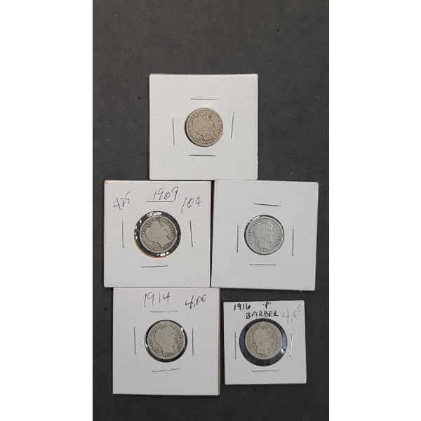 Assorted Years/Mint Marks U.S Barber 90% Silver Dimes - 1907-O, 1909, 1912-D, 1914, 1916 - FV: $0.50