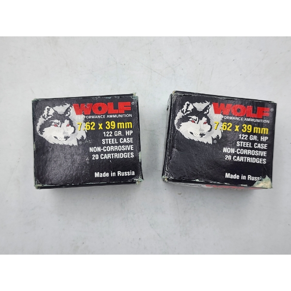 2 Boxes of Wolf 7.62x39mm Rifle Ammunition - 122 Grain HP - Made in Russia