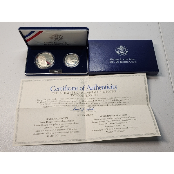 1993 Bill of Rights Commemorative 2-Coin Proof Set: 90% Silver Dollar & 90% Silver Half Dollar 