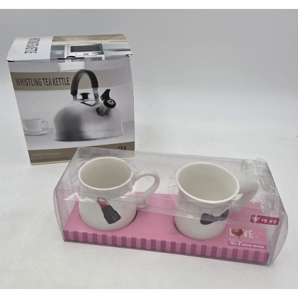 Brand New In Box Silver 3 Liter Whistling Kettle & His And Hers Mugs