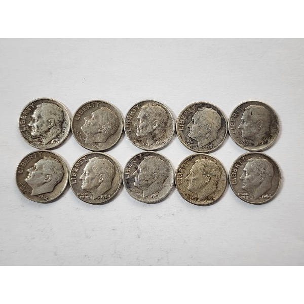 Lot of 10 Assorted Years Roosevelt Dimes - 90% U.S. Silver Coins - FV: $1.00